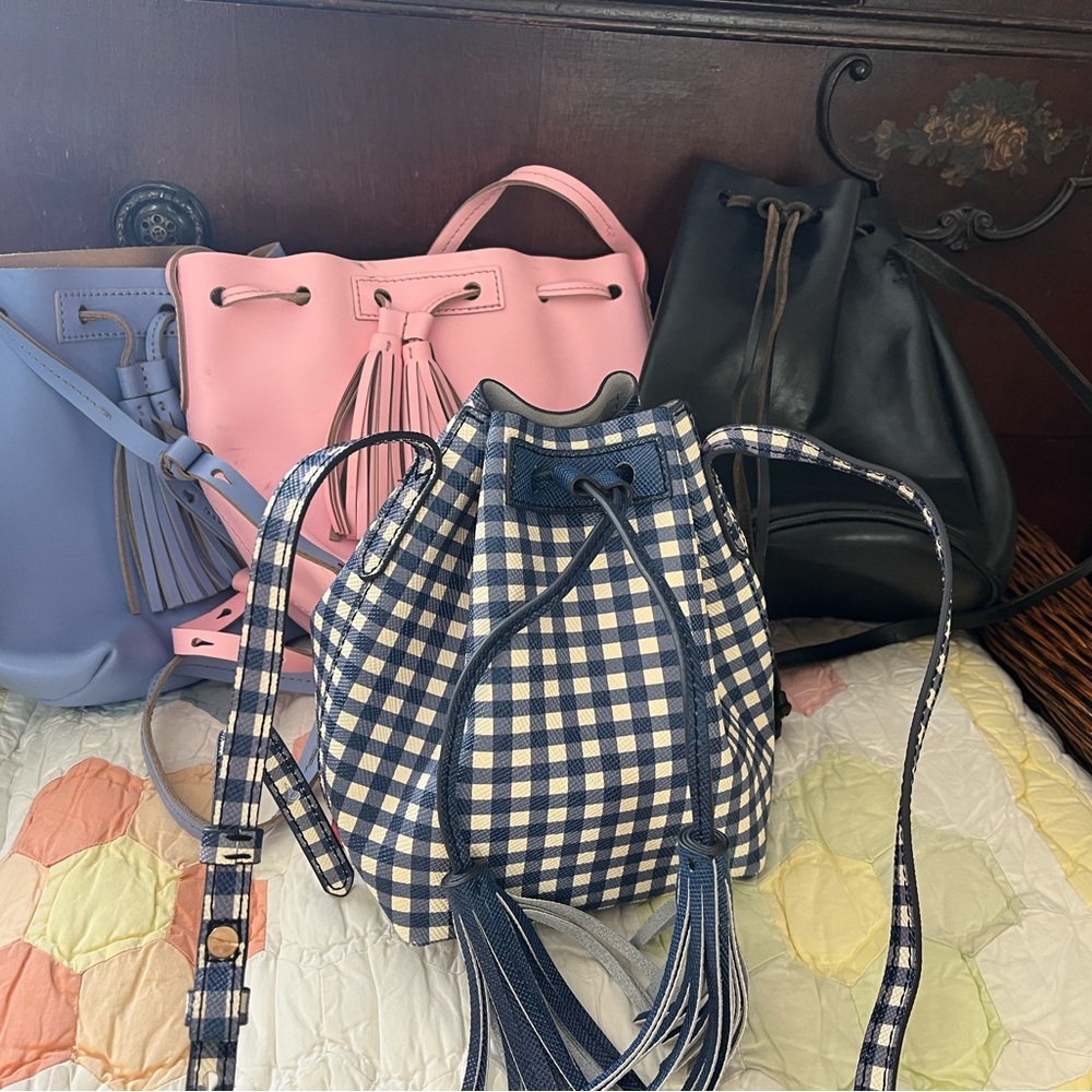 J. Crew Navy blue Gingham black pink Drawstring tote purse Bucket Bag lot of 4